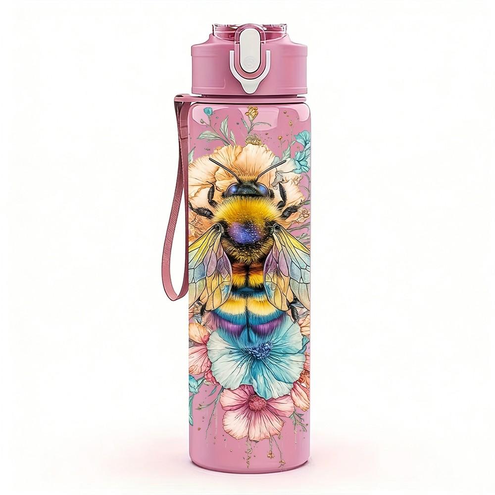 1PC Honey Bee Soft Floral Pastel Art Design 750ml Color Plastic Sports Water Bottle Leakproof Flip Straw Lid Suitable for Sports Office Home Use