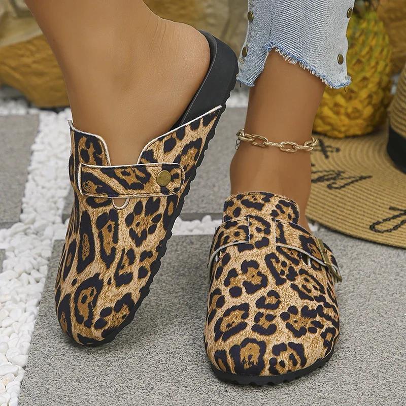 Fashion Leopard Print Mules Slippers Women 2025 Plus Size 35-42 Platform Clogs Shoes Woman Buckle Design Half Slippers Female