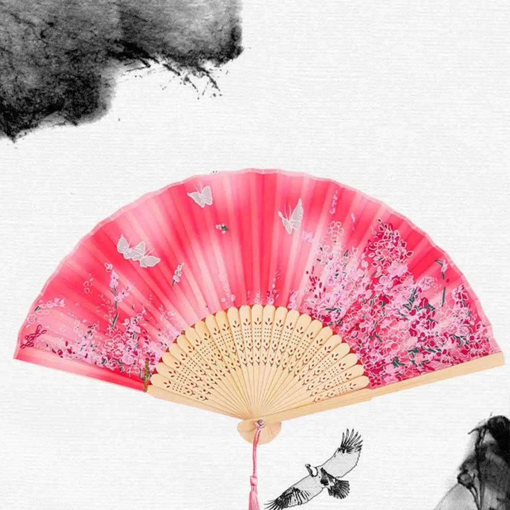 Silk Chinese Japanese Folding Fan Colorful Bamboo Vintage Style Folding Fan Hand Fan Tassel Elegent Female Fan