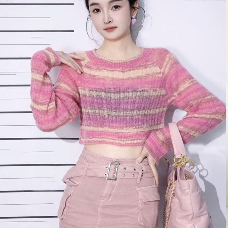 Pulover cu dungi curcubeu leneș pentru femei, primăvară 2023, francez, design avansat, sens, pulover pentru mulțime mică, pulover tricotat, top pentru femei