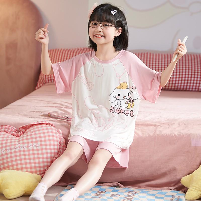 Girls Modal Cotton Pajama Set Short Sleeve Lightweight Sleepwear Cartoon Print Home Outfit Kids