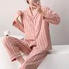 Spring and summer new women's plaid pajamas set long-sleeved trousers lapel loungewear pure cotton couple cardigan can be outside