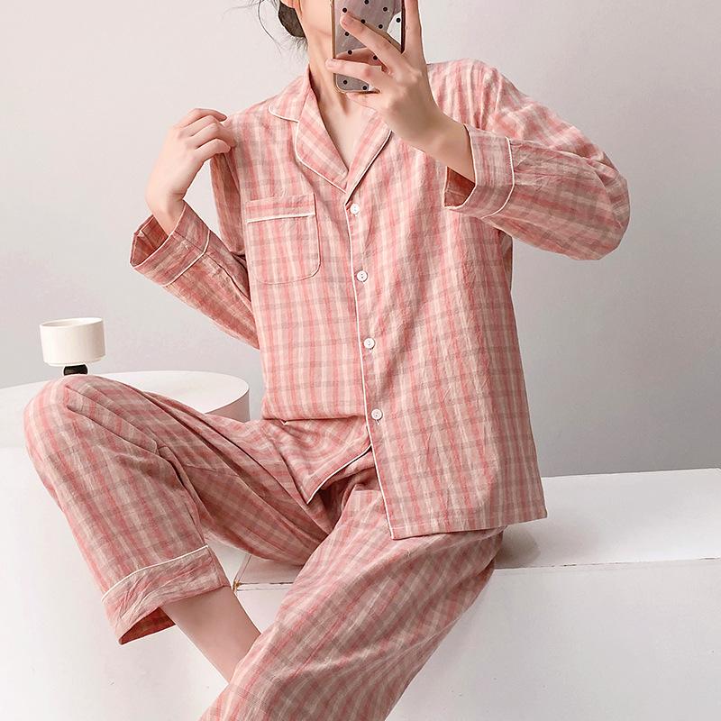 Spring and summer new women's plaid pajamas set long-sleeved trousers lapel loungewear pure cotton couple cardigan can be outside