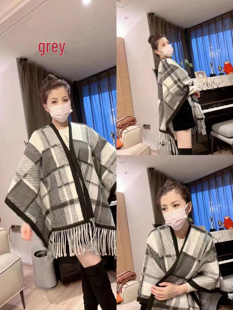 Korean Style Plaid Shawl Coat - Women's Spring/Autumn Cashmere-Feel Tassel Cloak