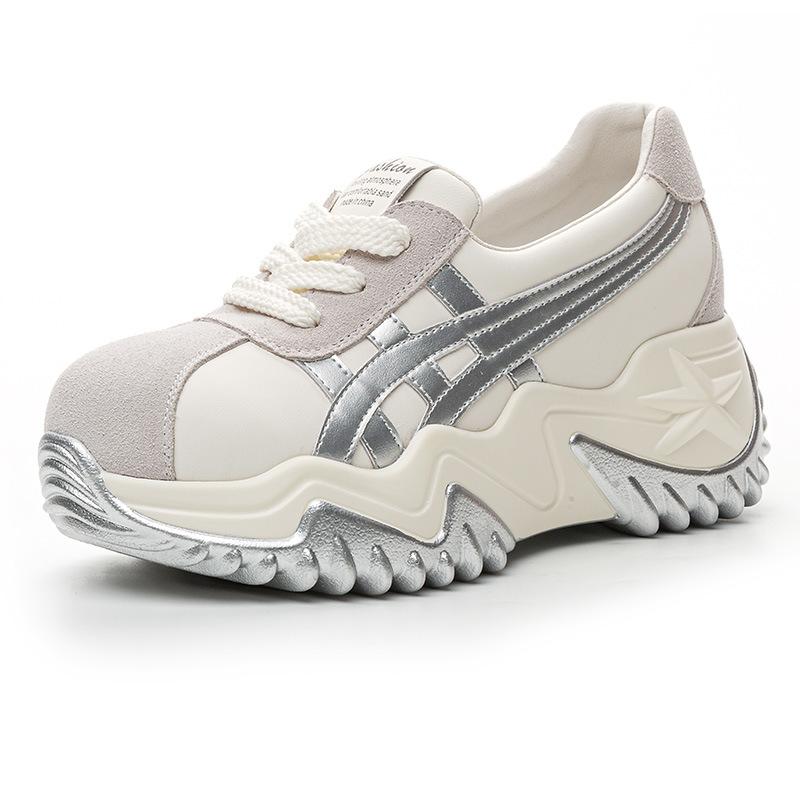 Thick-soled shallow-mouth dad shoes spring and autumn new leather small sports and leisure shoes