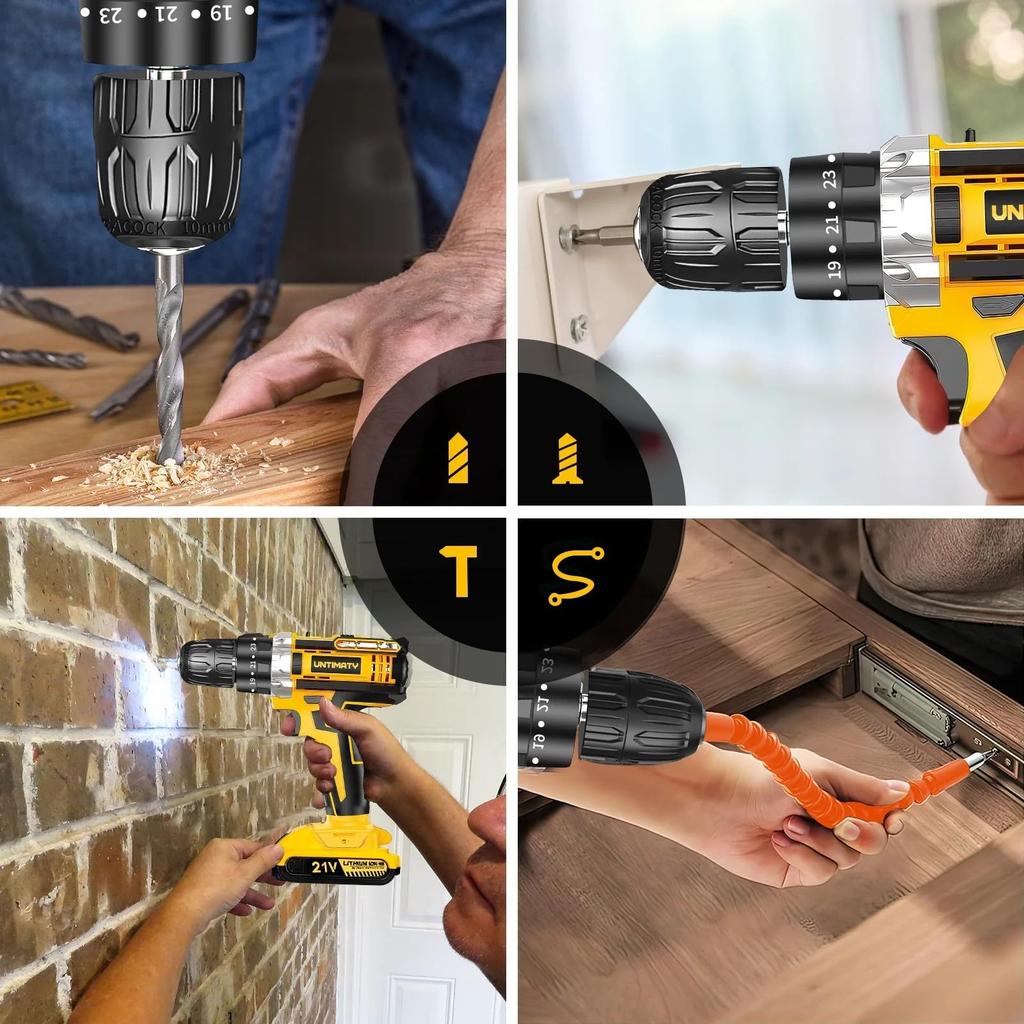 21V Cordless Electric Rechargeable Drill Driver with Two 2000mAh Adjustable Screw DIY Furniture Fastening Tool for Wood and Metal Japanese Instruction