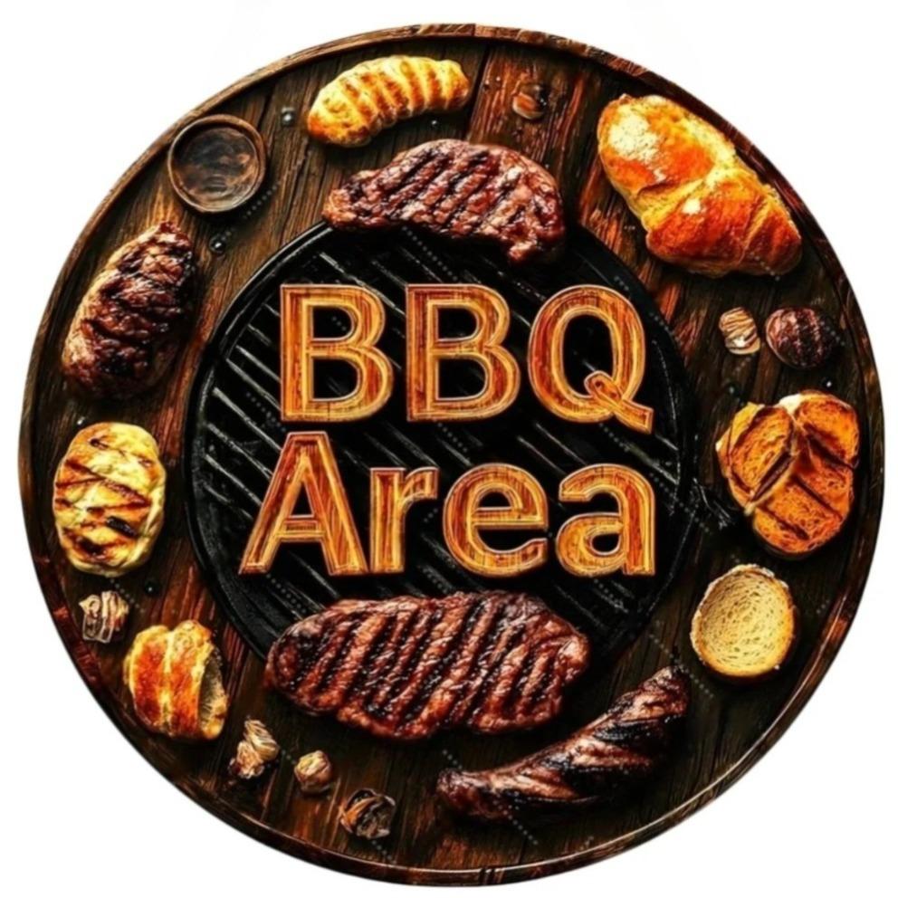 Vintage BBQ Area Round Metal Tin Sign Grilled Steak Vegetables Flame Pattern Retro Wall Decor for Backyard Patio Bar