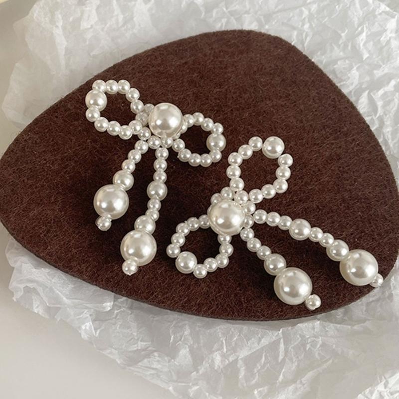 Fashionable Imitation Pearls Ear Clips Exquisite Pearls Beaded Bowknot Dangle Ear Studs for Daily Wear Dates Parties