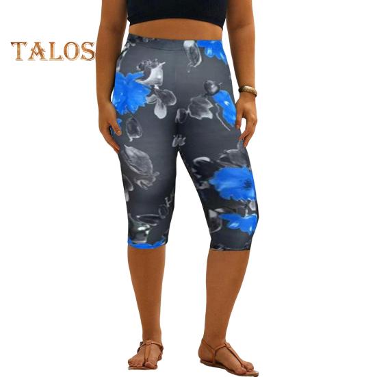 מכנסיים קצרים לנשים מותן גבוה אלסטי הדפס פרחים דיגיטליים אורך אמצע השוק מכנסיים צמודים מכנסיים קצרים