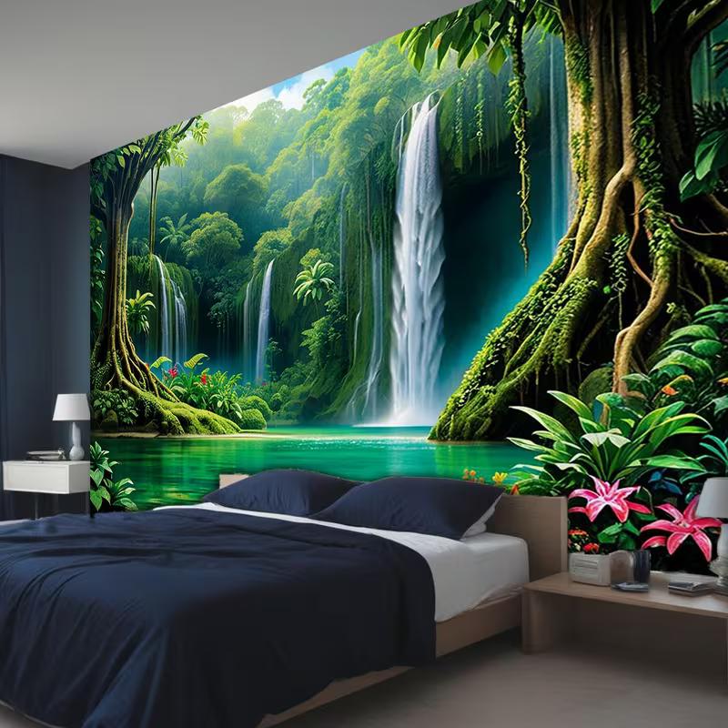 Настенное панно 2D «Экзотический тропический лес с водопадом», Зеленый дикий джунгли, Домашний фон, Гобелен 47.2x31.5inch/120*80cm