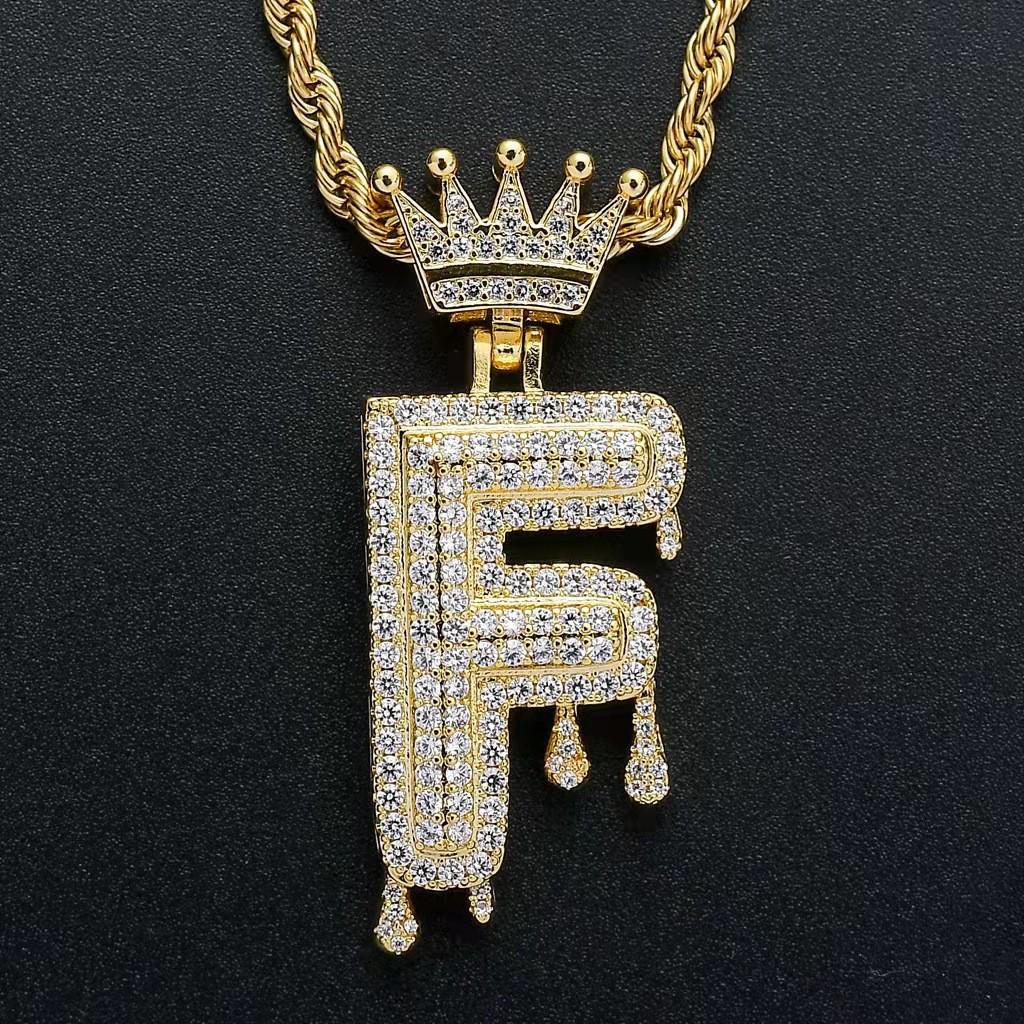 Stylish Hip Hop Zircon Crown Pendant Necklace with 26 English Letters for Women