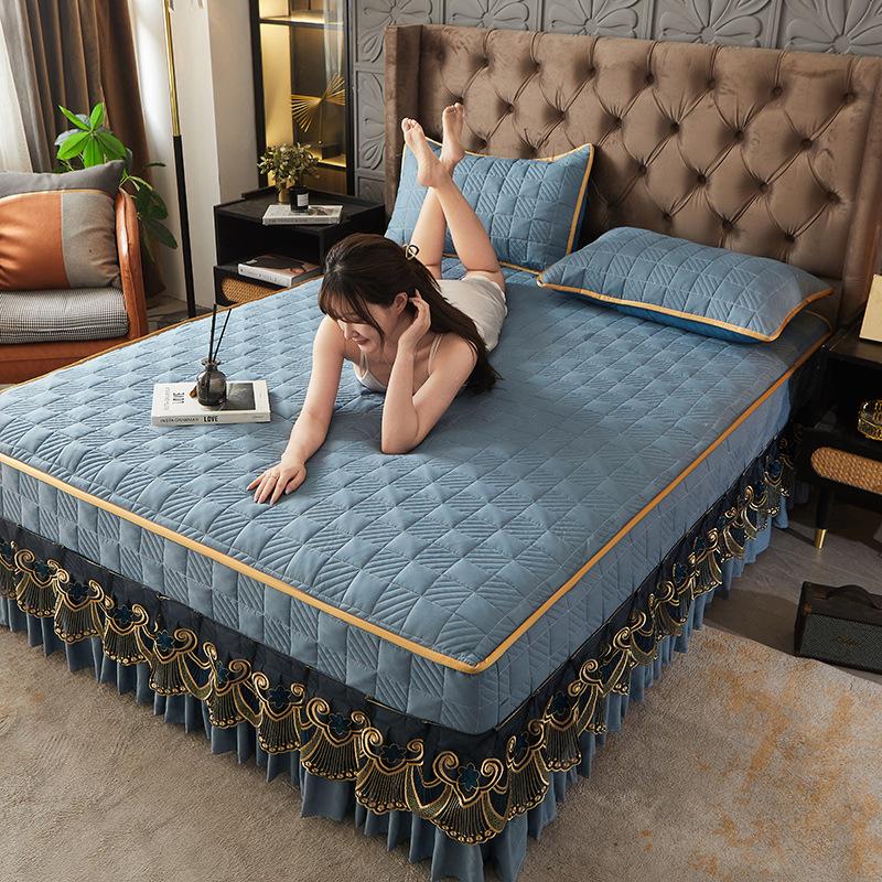 Verdicktes Bettrock-Typ-Home-Luxus-Bettwäsche-Set, Prinzessin-Spitzen-Tagesdecke, rutschfeste Bettdecke mit Kissenbezug für King-Size-Bett