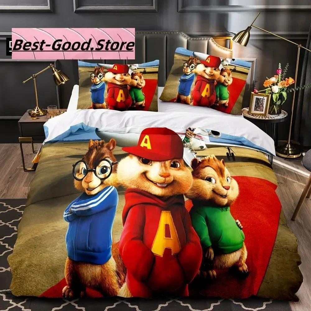 3D Kreslený C-Chipmunk A-Alvin Ložní Sada Tištěná Ložní Sada s Povlakem na Polštář Přikrývka na Postel Jednolůžko Dvoulůžko Queen Super King Size