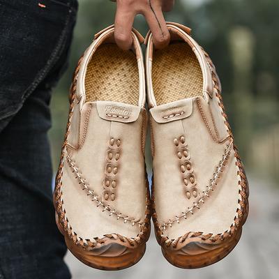 2025 Vintage Men Casual Shoes Hand Stitched Leather Soft Bottom Loafers Comfy Breathable Non-Slip Hiking Shoes Plus Size 38-46