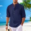 Men's New Solid Color Casual Cotton And Linen Standing Collar Long Sleeved Shirt