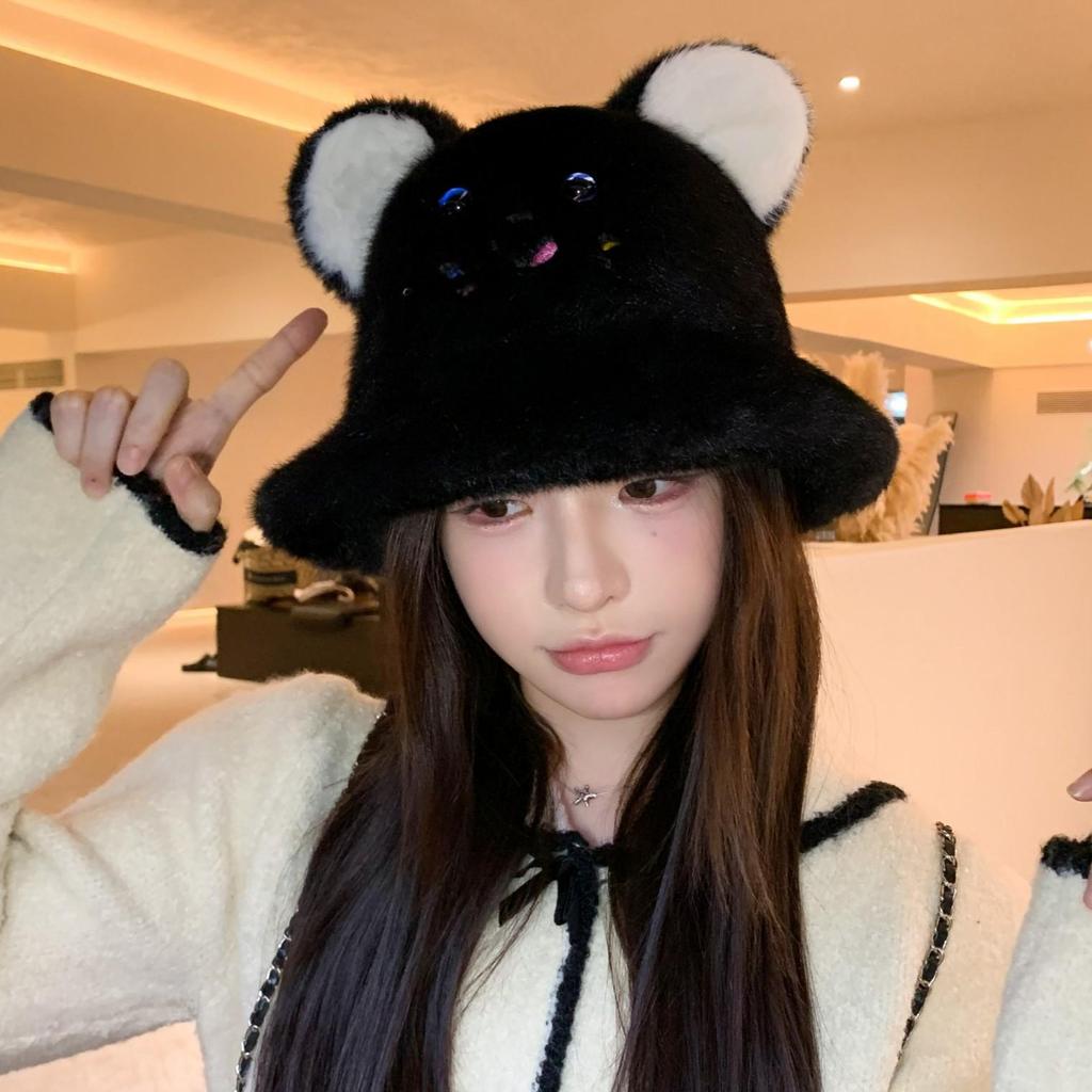 Women's Cute Bear Ears Plush Fisherman Hat, Autumn/Winter Warm Beanie with Ear Protection, Large Head Circumference.