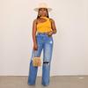 Spring and Autumn Women's Jeans Hole Breaking Wide Leg Pants Straight Trousers