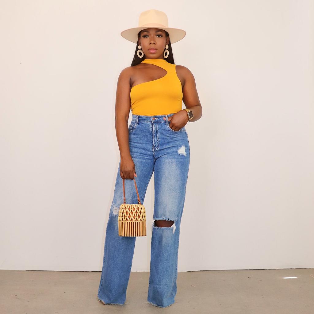 Spring and Autumn Women's Jeans Hole Breaking Wide Leg Pants Straight Trousers