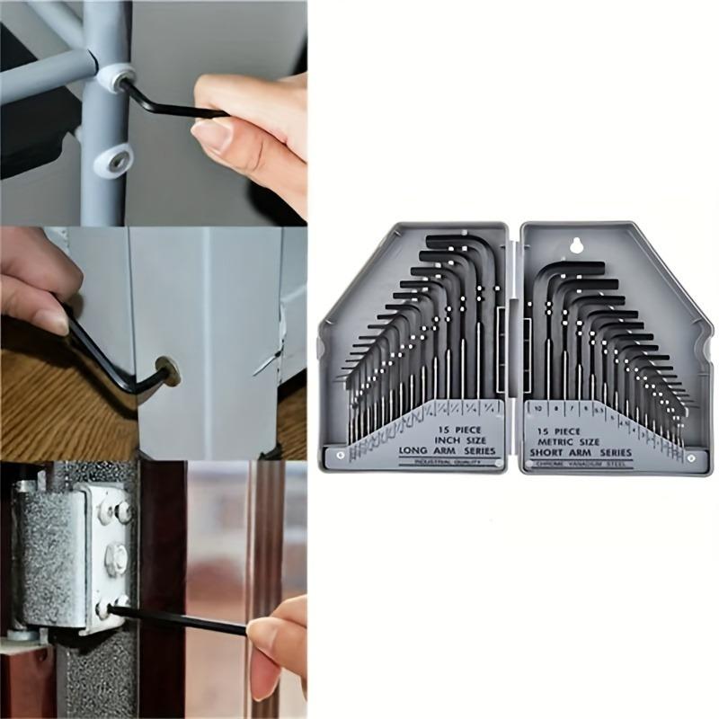 30Pcs/Set Wrench Set Hex Key Allen Wrench 0.028"- 3/8" Inch 0.7mm-10mm Metric Size Chromium-vanadium Steel Spanner Long Arm Tool