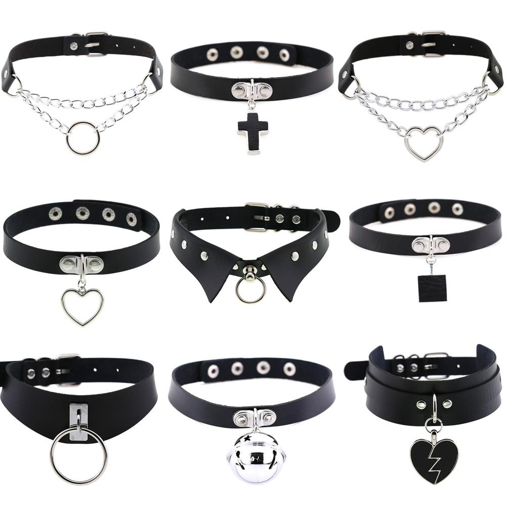 DIEZI Punk Black Lace Leather Choker Torques Necklace For Women Men Harajuku Gothic Sexy Cirle Heart Collar Necklace Jewelry