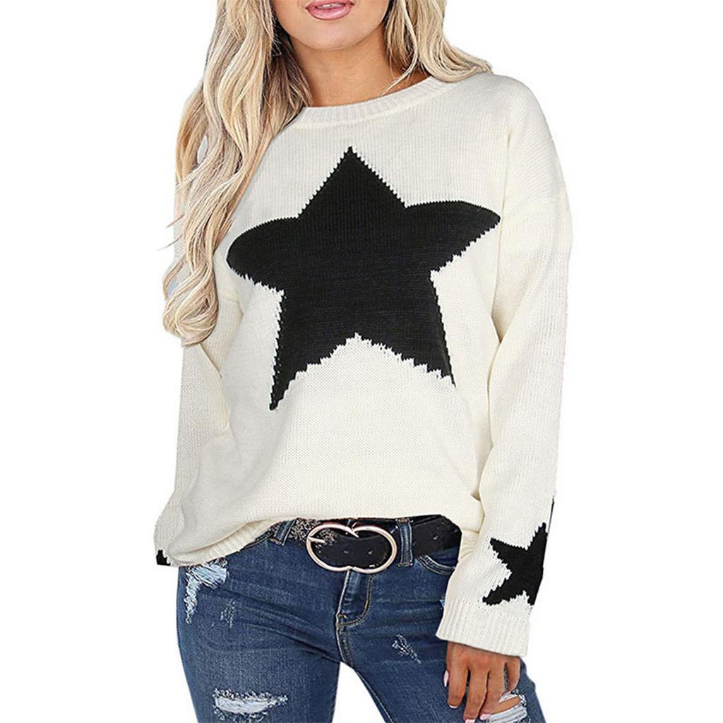 Women's Casual Bottoming Knit Sweater Women Loose Round Neck Star Pullover Sweater