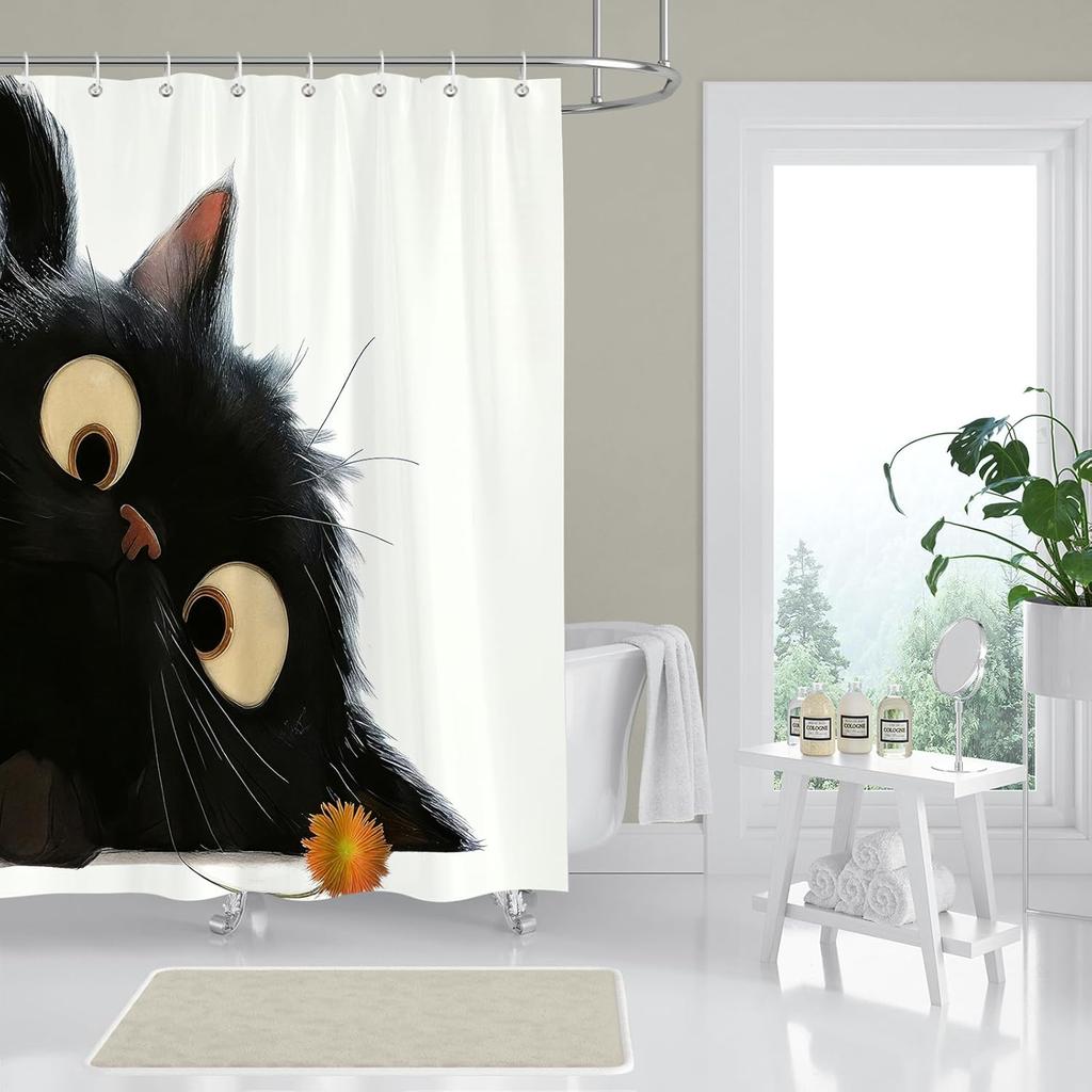 Cute Black Cat Shower Curtain Big Eyes Design Bathroom Decor Animal Art Waterproof Bath Curtain