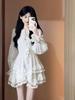 Elegant White Slimming Long-Sleeve Dress with Puffy Skirt for Women, Perfect for Spring and Autumn
