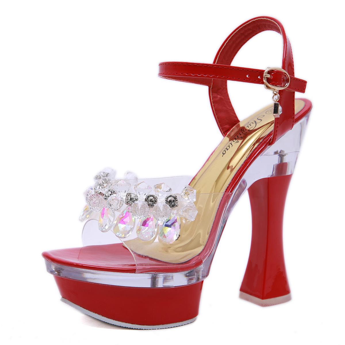 Women s Bling Glass Rhinestone Mule Slippers, Chunky Wedge Non-Slip Thick Sole Sexy Versatile Party Casual Heeled Slides 35 красный