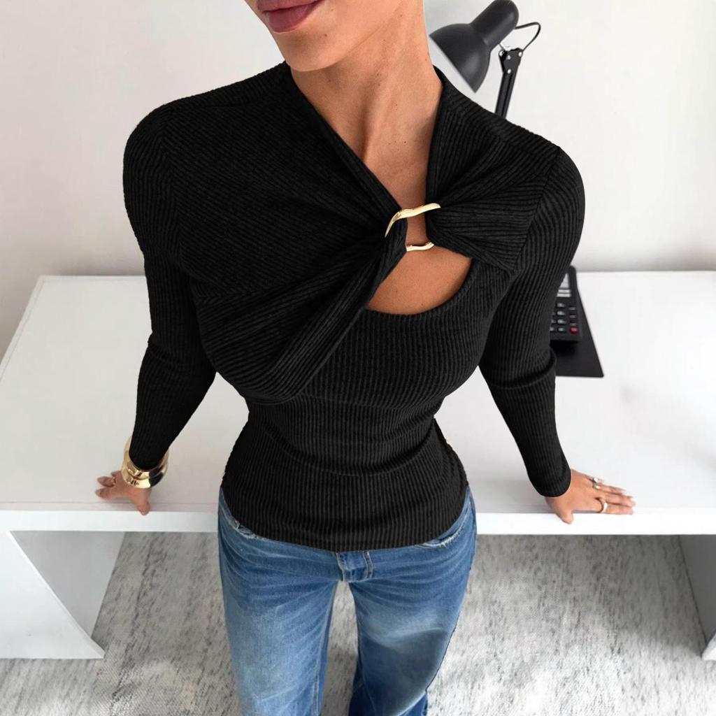 Women's Asymmetrical Hollow Metal Buckle Long Sleeve T-shirt - Solid Color, Autumn/Winter Style