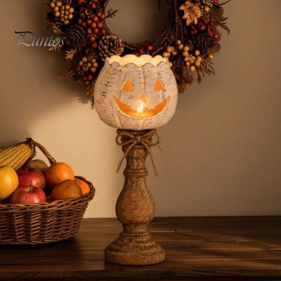 Rustic Pumpkin Statue for Entryway White Tealight Candle Holder Set, Farmhouse Halloween Tea Light Harvest Theme Home Decorations Holders Decor, Fall