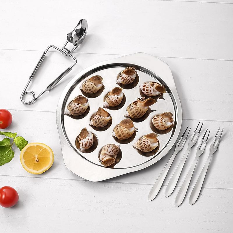 Escargot Dish Plate Snail Pan Baking Cooking Serving Plates Tray Stainless Steel MushroomSeafood Conch Grill with 12 Holes argento