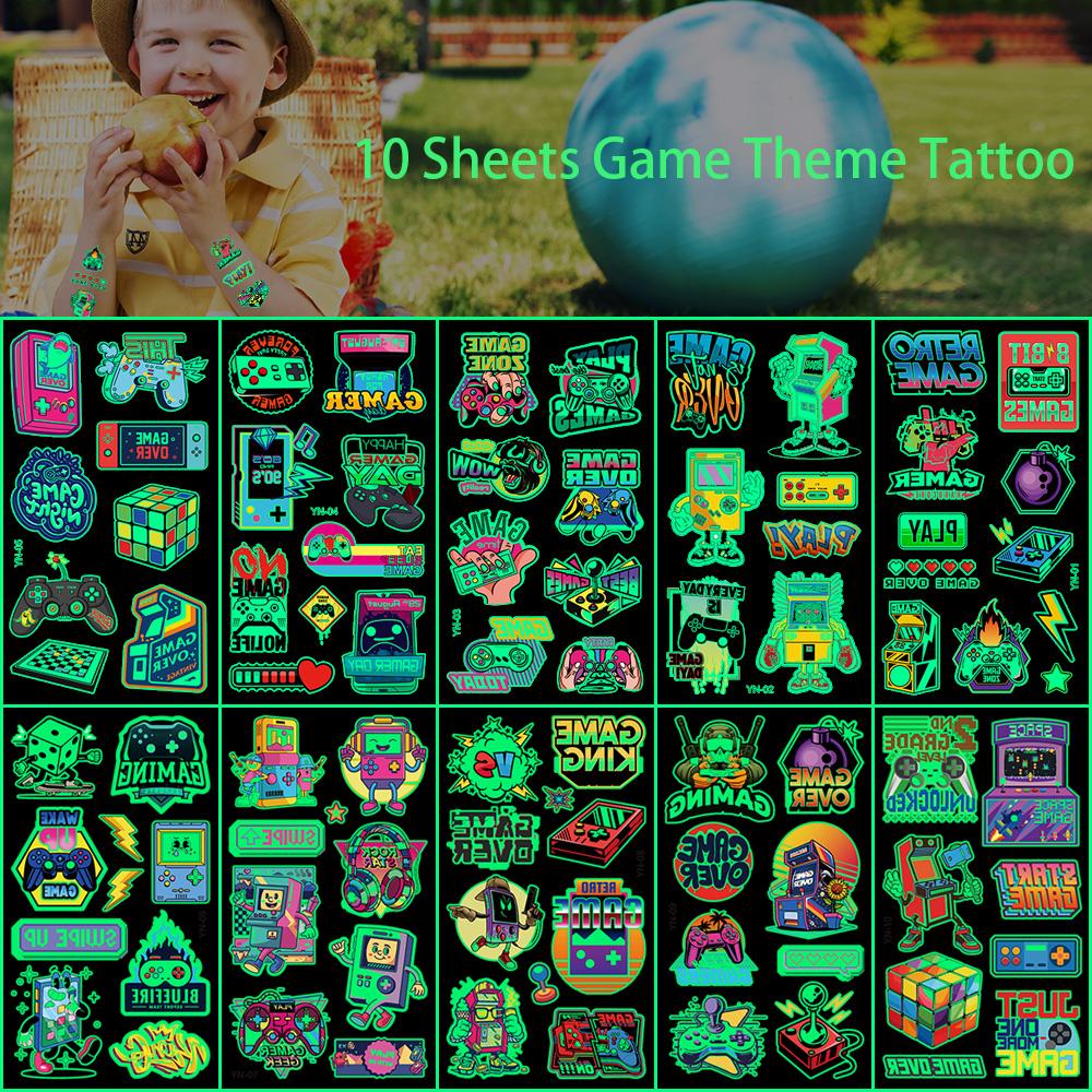 

10 Sheets Video Game on Theme Luminous Temporary Tattoos GamePad Body Face Sticker for Boy Birthday Game Night Party Decoration