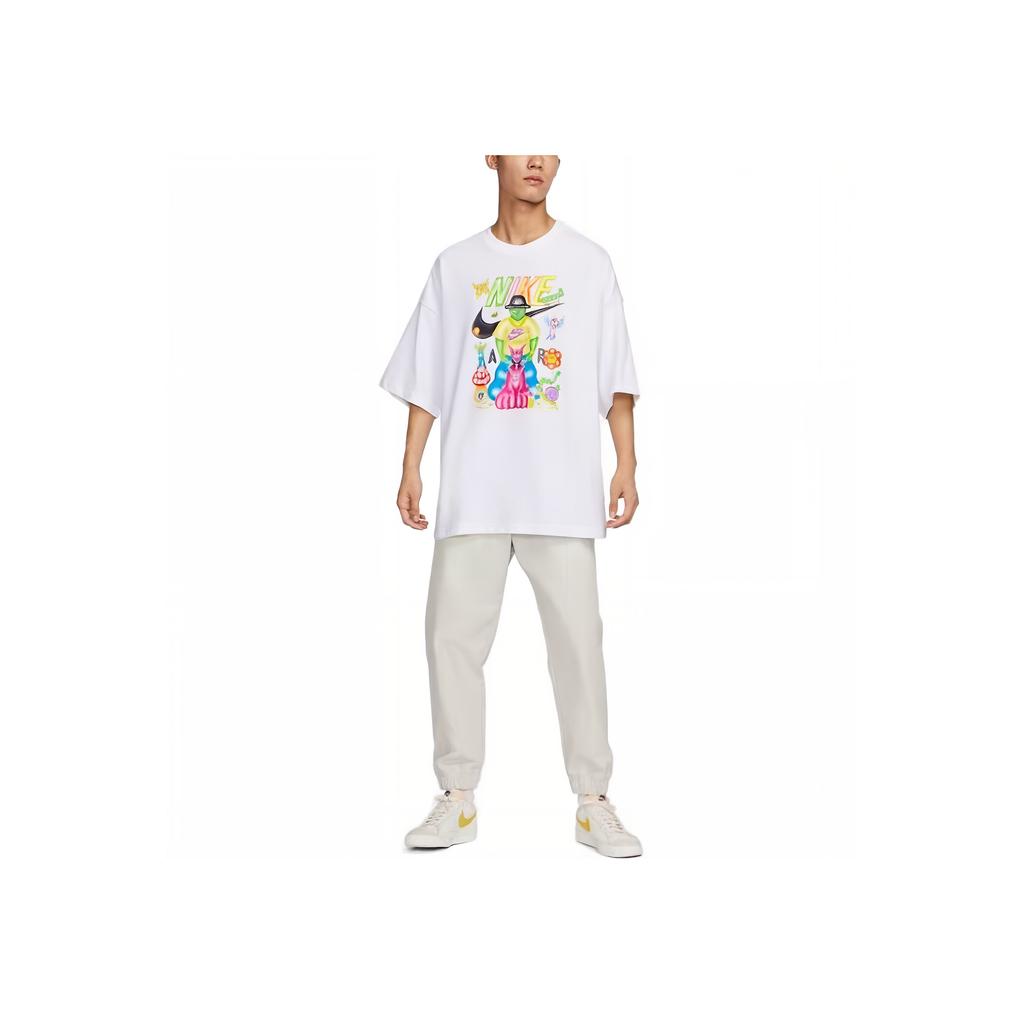 Nike Tricou cu mânecă scurtă, cu gât rotund, lejer, respirabil, cu imprimeu graffiti cu personaje de desene animate, pentru bărbați, topuri, alb FD1354-100