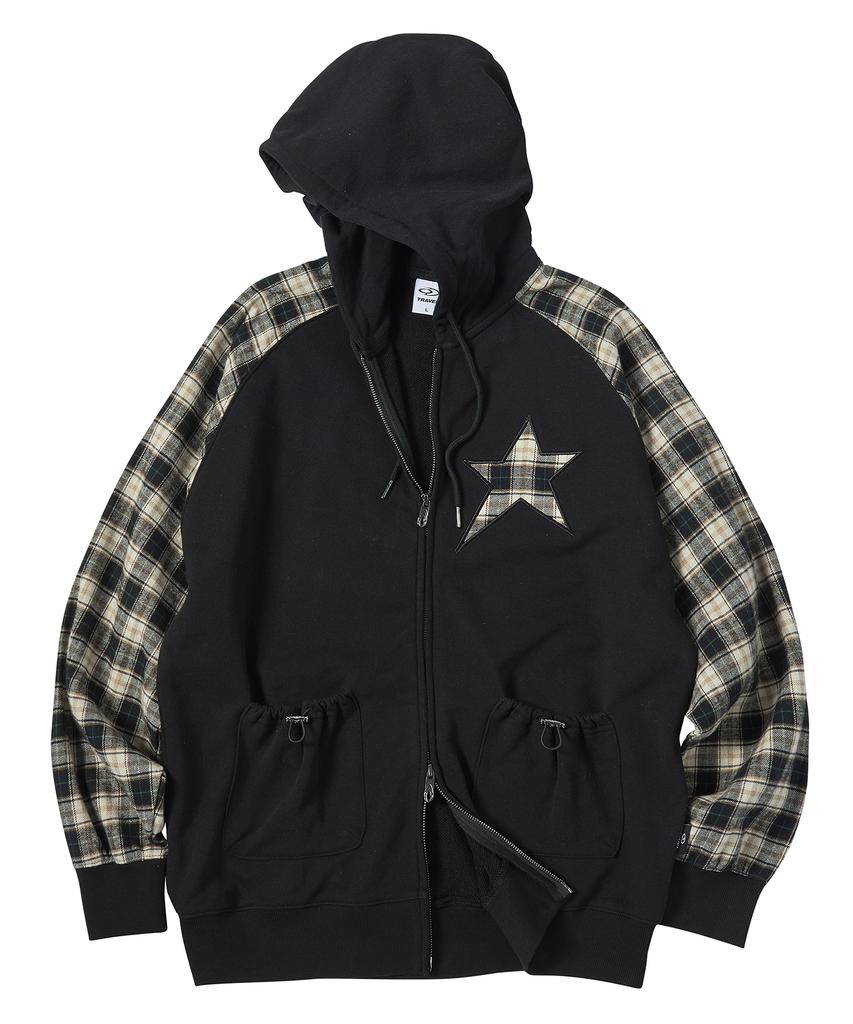 Travel Star Combination Check Hooded Zip-Up Black