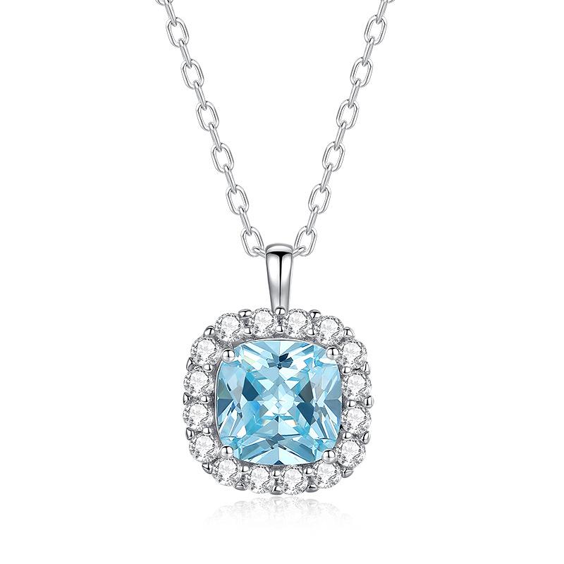 

S925 Sterling Silver Aquamarine Sugar Cube Necklace for Women , Fashion Commuting Style CZ Pendant 925 silver білий