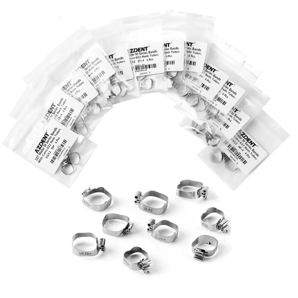 AZDENT 5Packs Dental Orthodontic Bands with Buccal Tube Triple Tubes for 1st Molar Teeth Roth.022 U3/L2 Size 35#-40#+ 4pcs/Pack