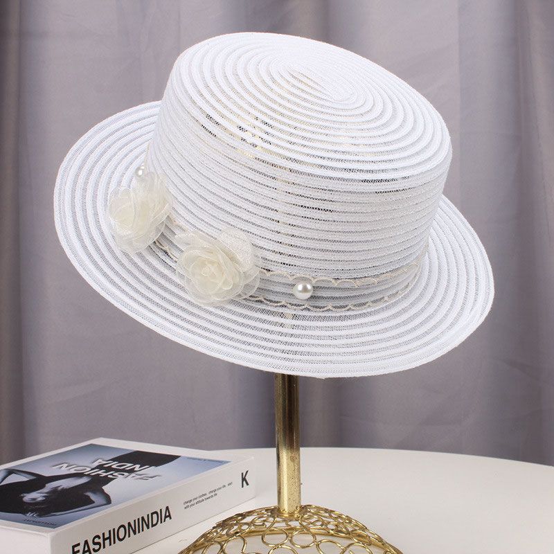 Transparent Straw Hat for Women Summer Beach Shade and Sun Protection Sun Hat Fashionable Temperament Floral Flat Top Hat