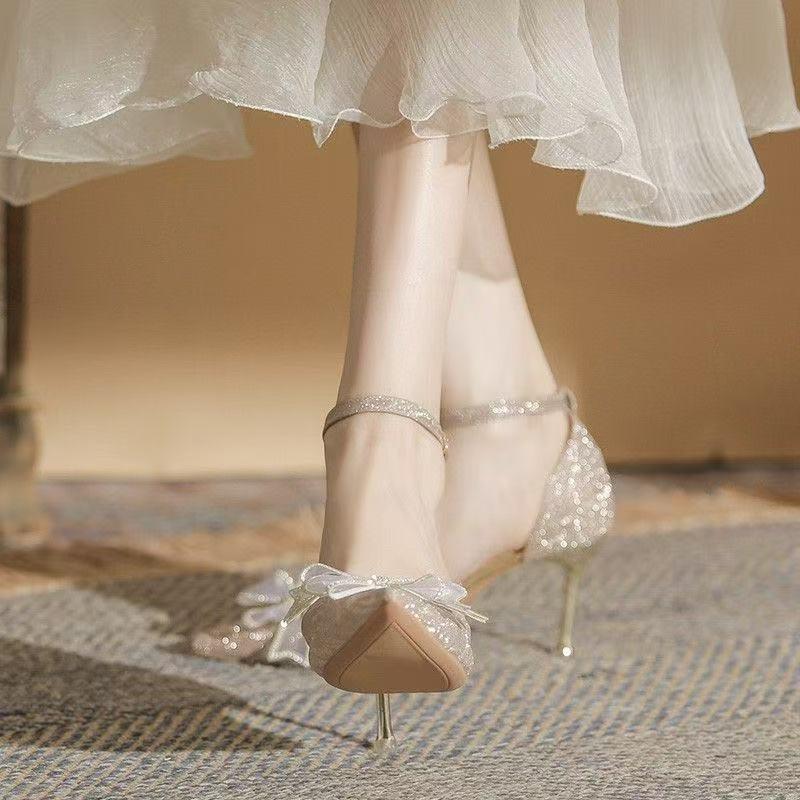 Fashion Low Top Single Shoes Women Fashion Pointy Light Mouth Sequin Butterfly Knot Line with Anti-slip Wear Heels