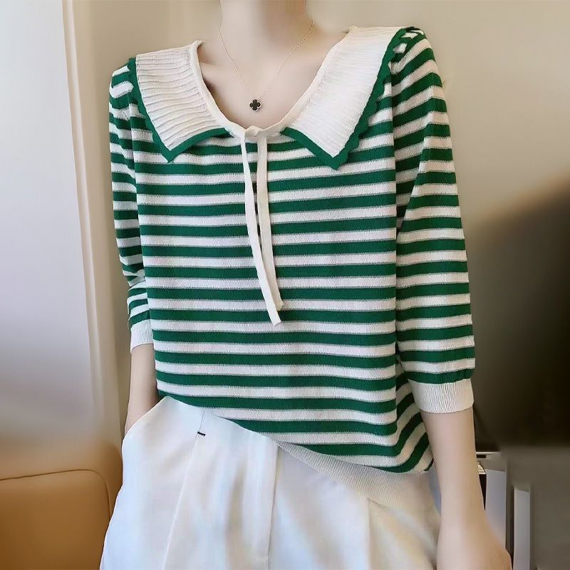 

Женская трикотажная рубашка со шнуровкой и кукольным вырезом, летняя, цветная, полосатая, с рукавом три четверти, верхняя одежда, базовая рубашка 3XL