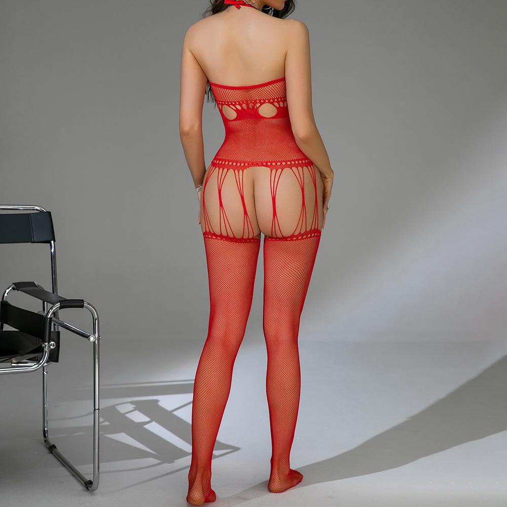 Sex Underwear Sexy Perspective One-piece Red Suspender Temptation Backless Hollow Open Net Coat