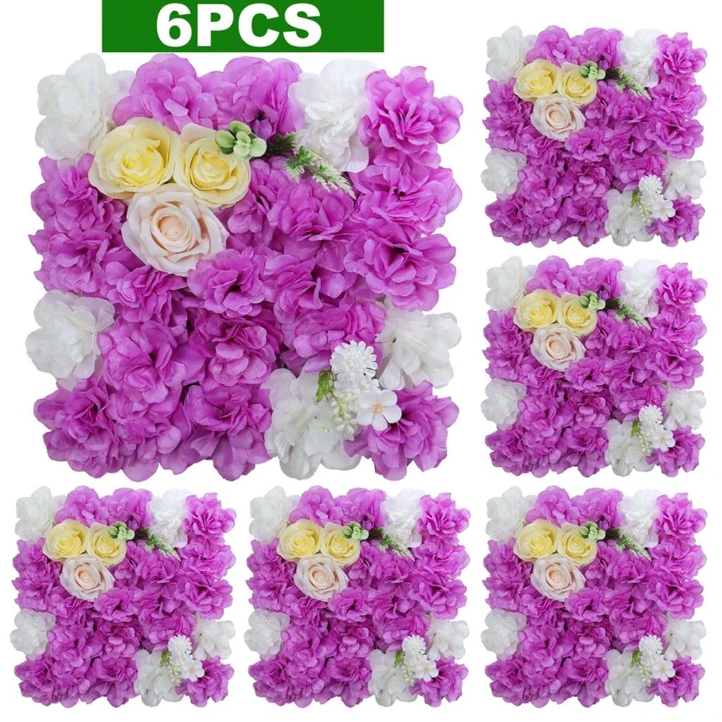 6Pcs Artificial Flowers Wall Panels Decorative Silk Rose Flower Hydrangea Floral Panels for Background Home Wedding Party Décor