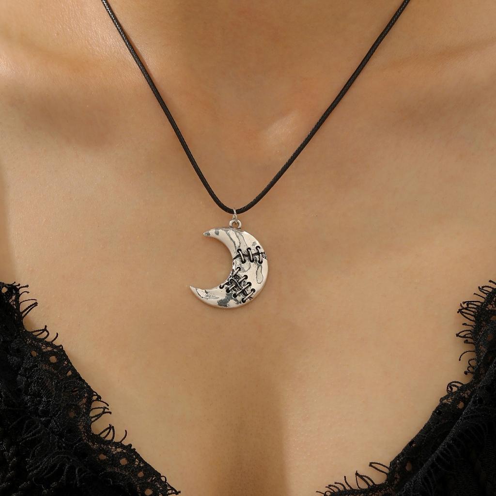 Stitched Crescent Moon Pendant Necklace on Black Cord Chain for Women Gothic Style