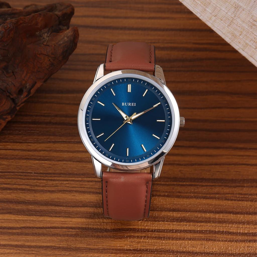 BUREI Men's Analog Quartz Watch with Waterproof Brown Leather Strap, Silver, Stylish Business Watch, Lightweight, Easy To Read, Simple Design,