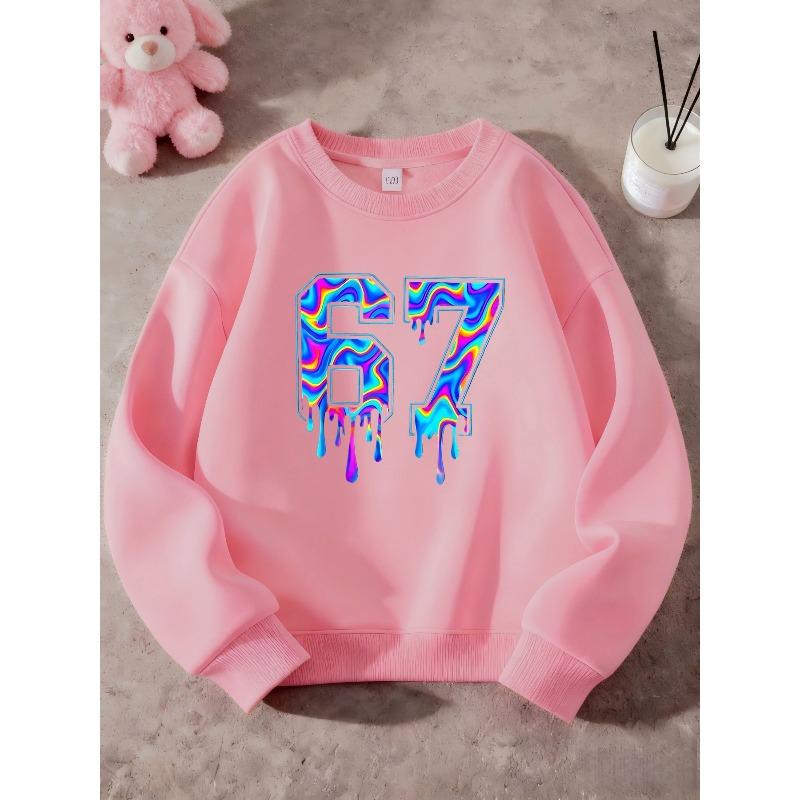 Kids Sweatshirt Over 4Y Unisex Boys Girls Holographic Rainbow Drip Number 67 Graphic Crewneck Soft Long Sleeve Pullover For 4-12 Years Old Children