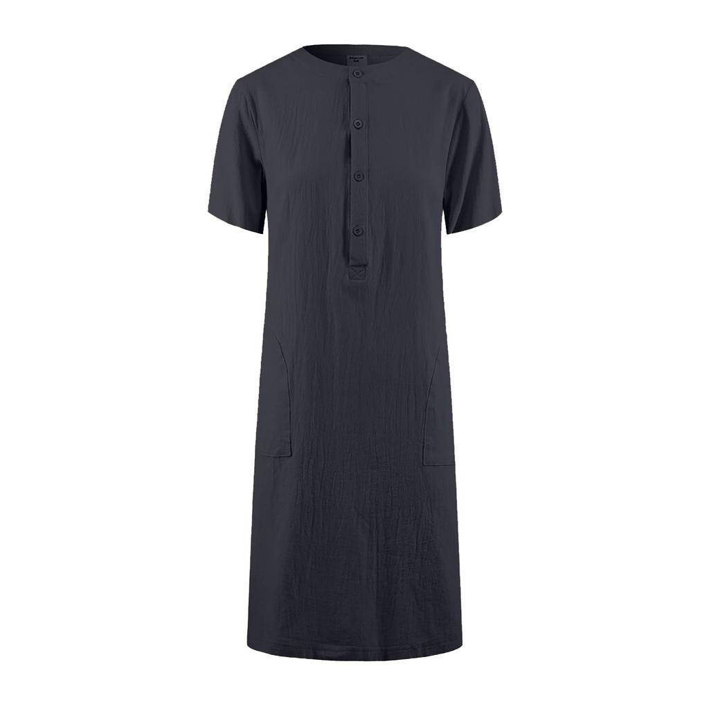 Women's Cotton And Linen Round Neck Short Sleeve Color Stitching Dress