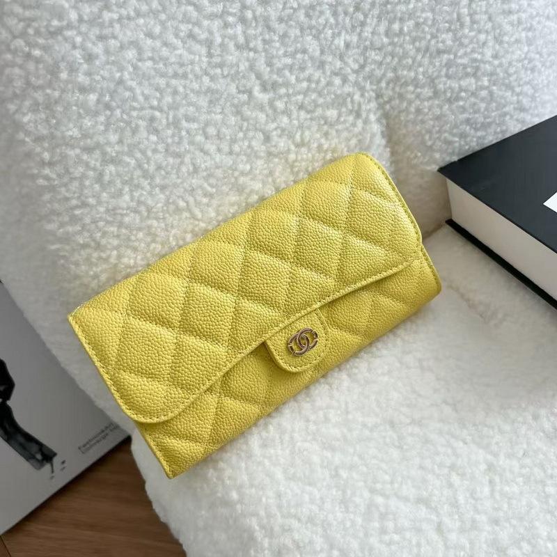 2026 New Caviar Patterned Cowhide Long Three Fold Wallet Hand-held Bag Chain Strap Crossbody Genuine Leather Women's