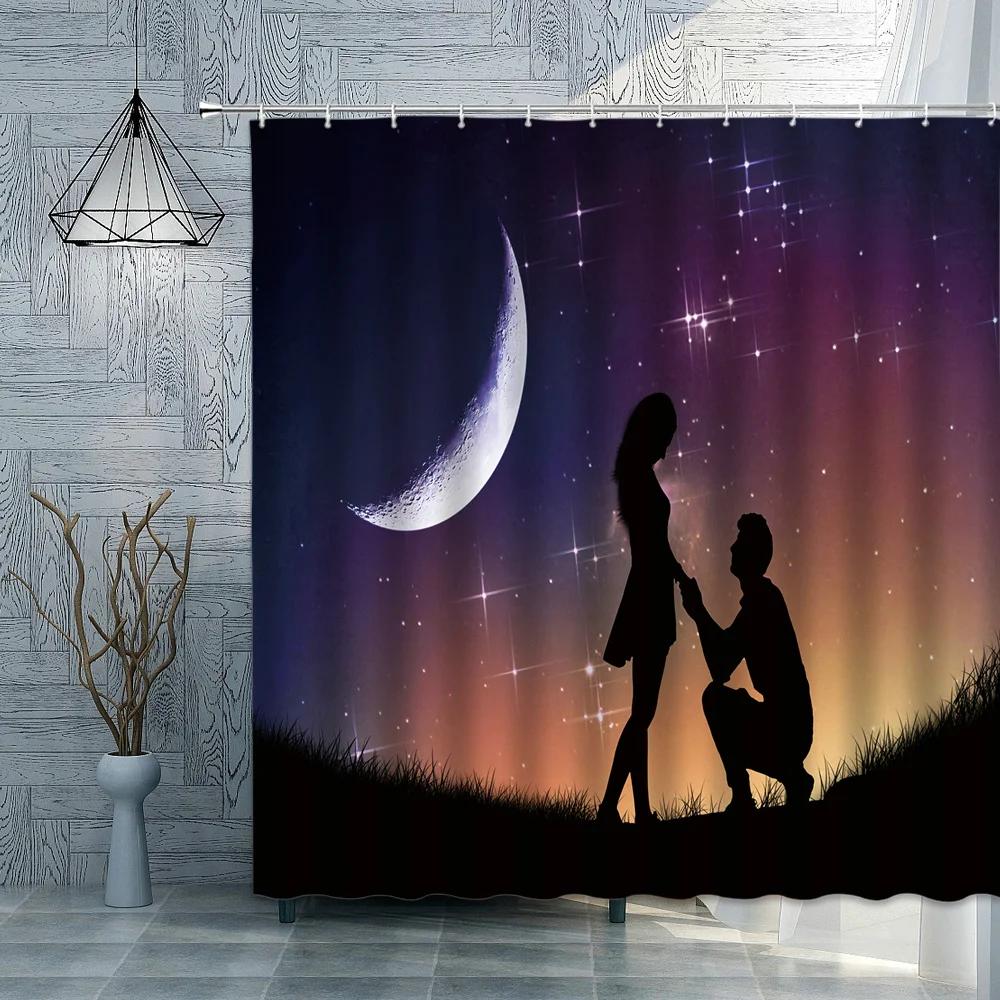 Romantic Lover Shower Curtains Moon Couple Waterproof Polyester Fabric Bathroom Curtain 3D Valentine's Day Decoration
