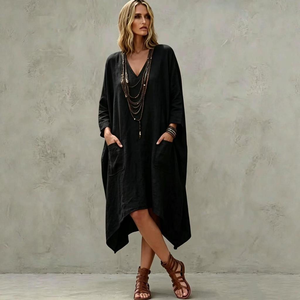 European-American Casual V-Neck Cotton Linen Irregular Dress with Seven Sleeves for Women