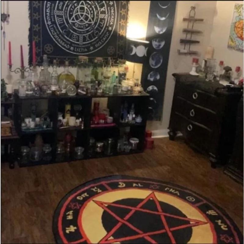 Mystic Symbol Print Round Area Rug, Crystal Velvet Astro Inspired Floor Mat for Living Room Bedroom Decor, Gothic Circle Carpet