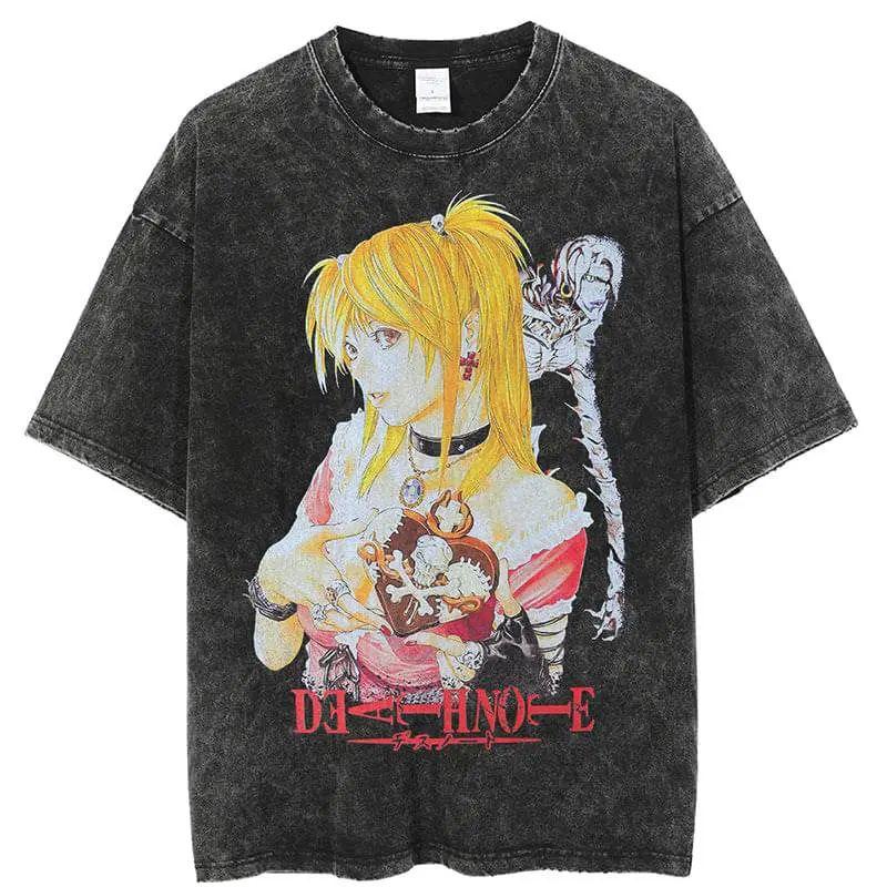 

Death Note Misa Amane Rem Retro Print Vintage Washed T Shirt 2026 Summer Oversized Streetwear Anime Graphic Tee for Men Women L